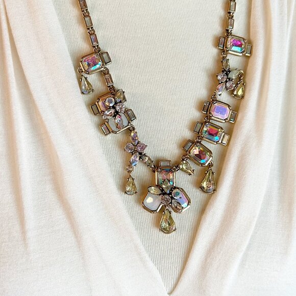 J. Crew Statement Necklace w Iridescent & Teardrop Crystals Antique Gold Tone - Picture 11 of 11